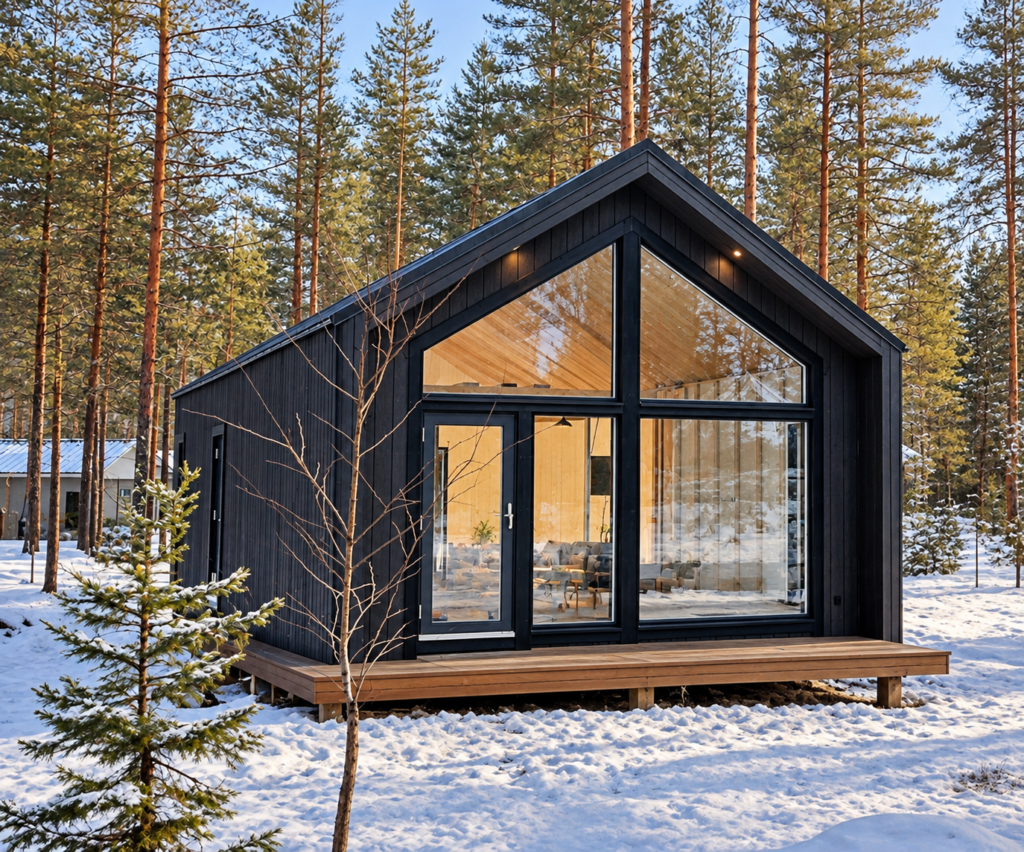 Moderni mökki lumisessa mäntymetsässä