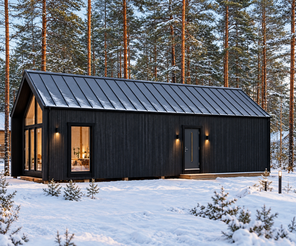 Skandinaavinen talvimökki mäntymetsässä