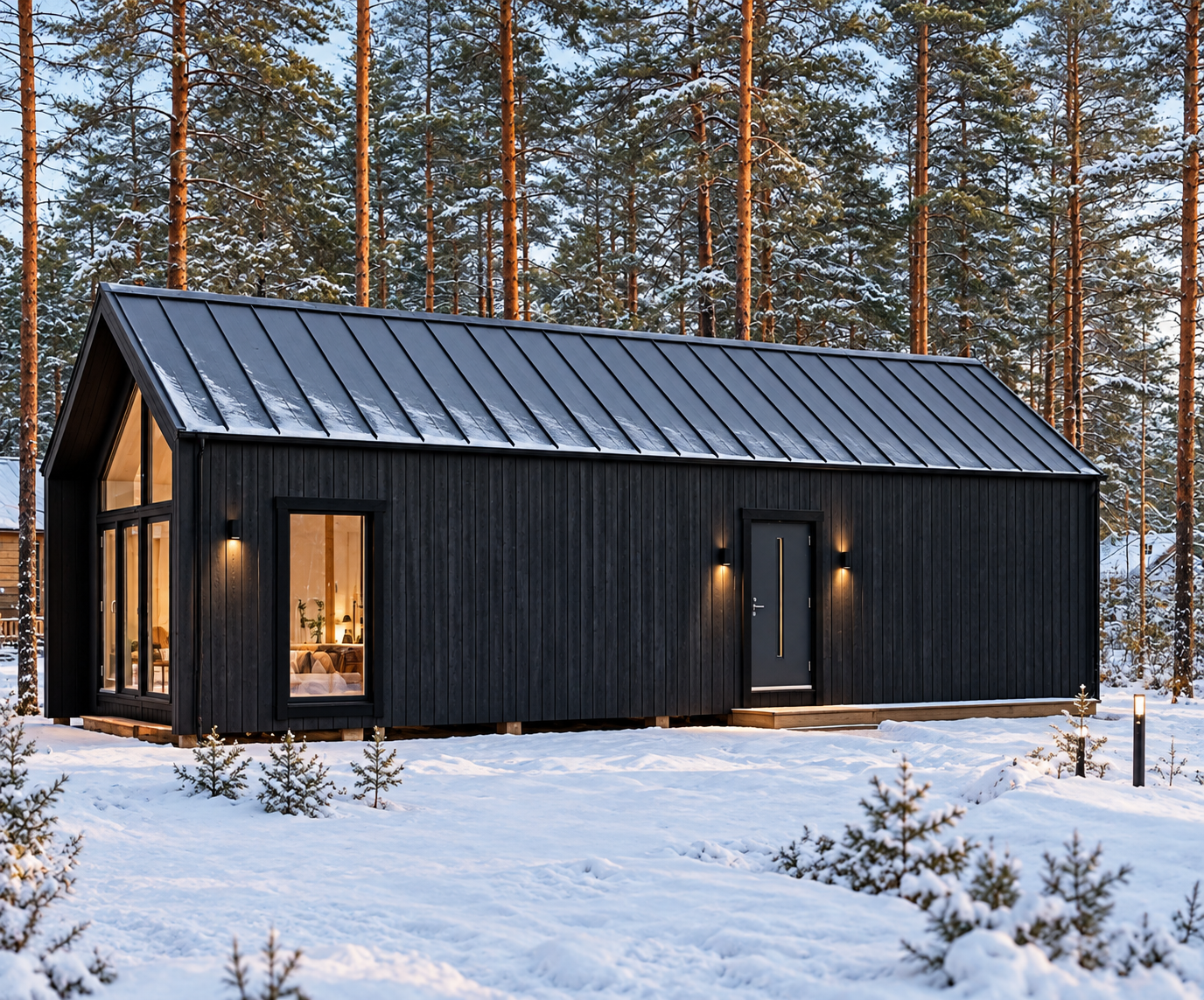 Skandinaavinen talvimökki mäntymetsässä