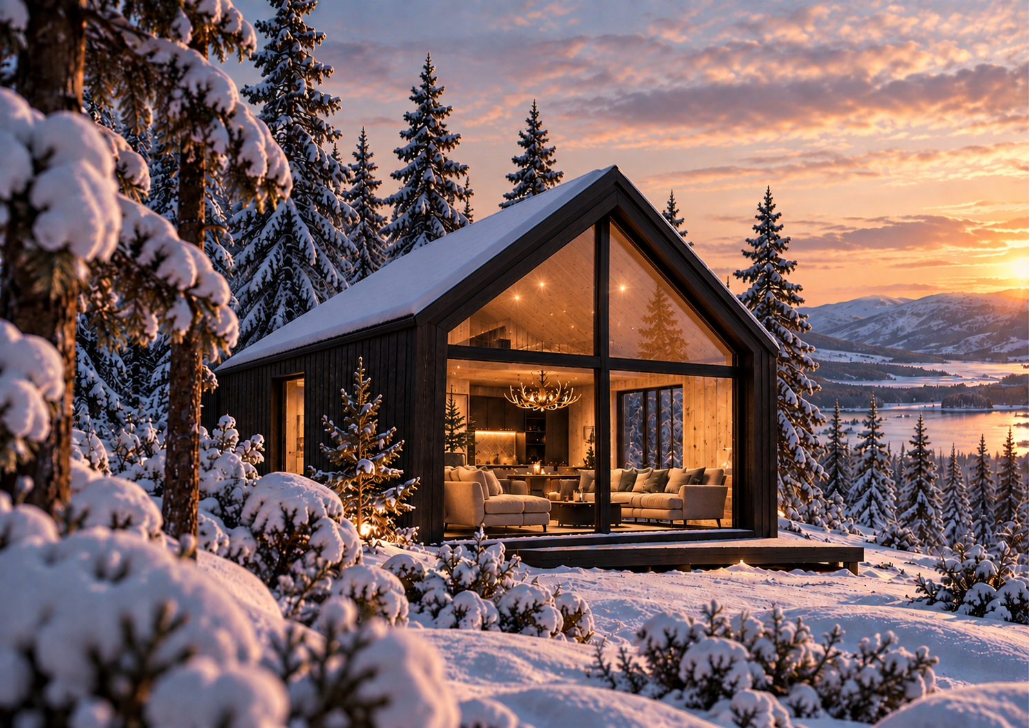 MAJA51-mallin villa talvisessa metsämaisemassa illalla