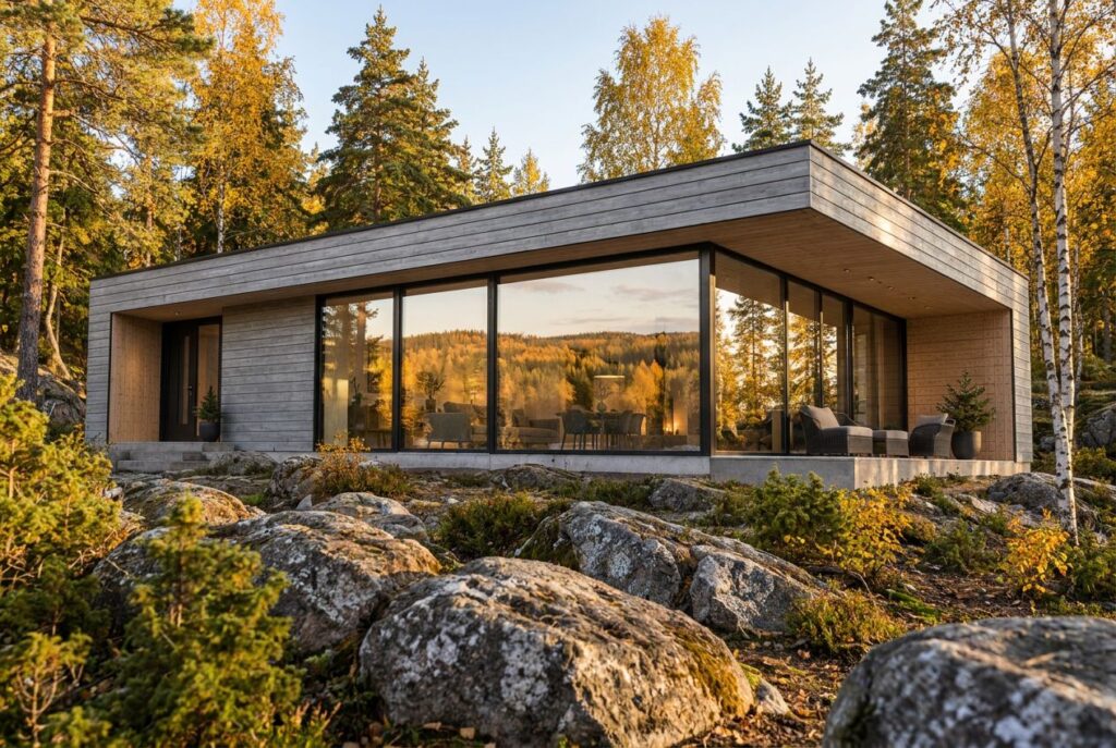 Moderni villa kelopuuverhoilulla syksyisessä kalliomaisemassa