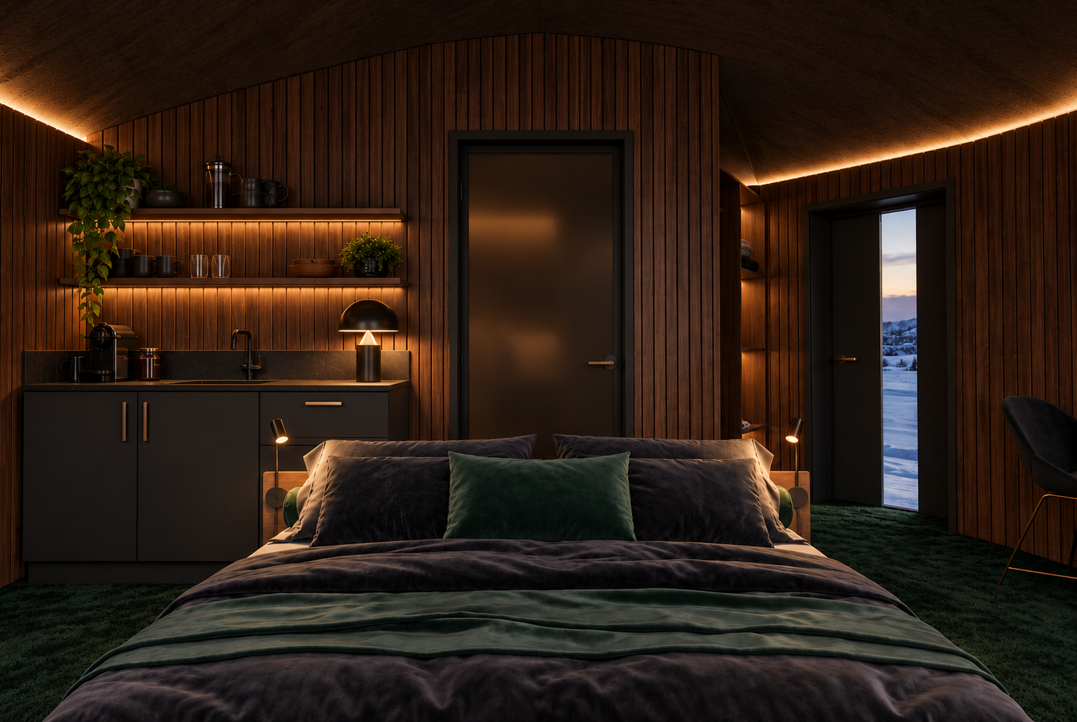 Hämärä skandinaavinen hotellihuone