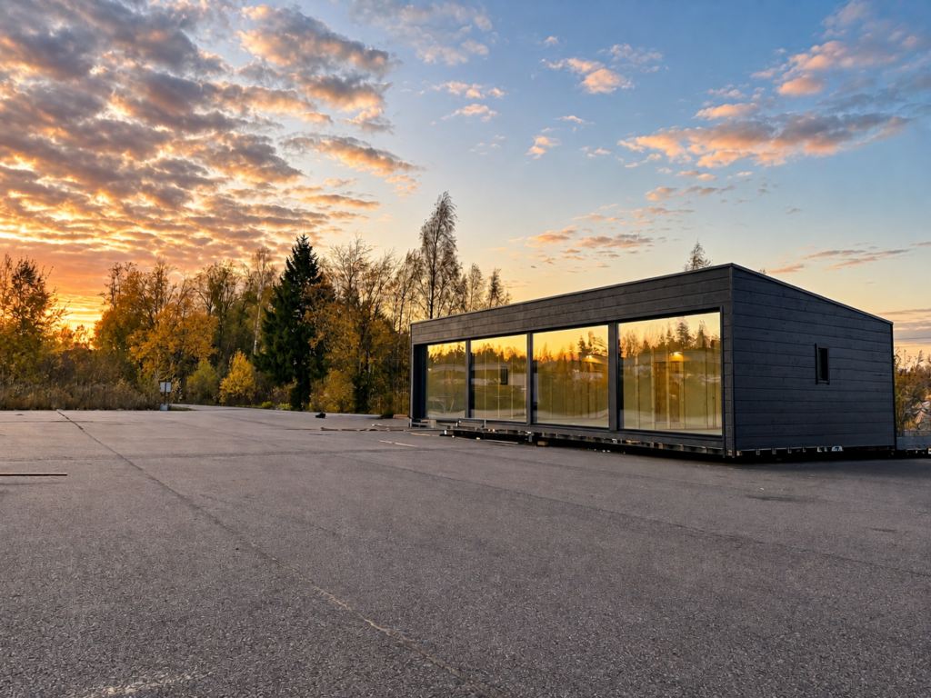 Moderni paviljonki syysmaisemassa auringonlaskussa