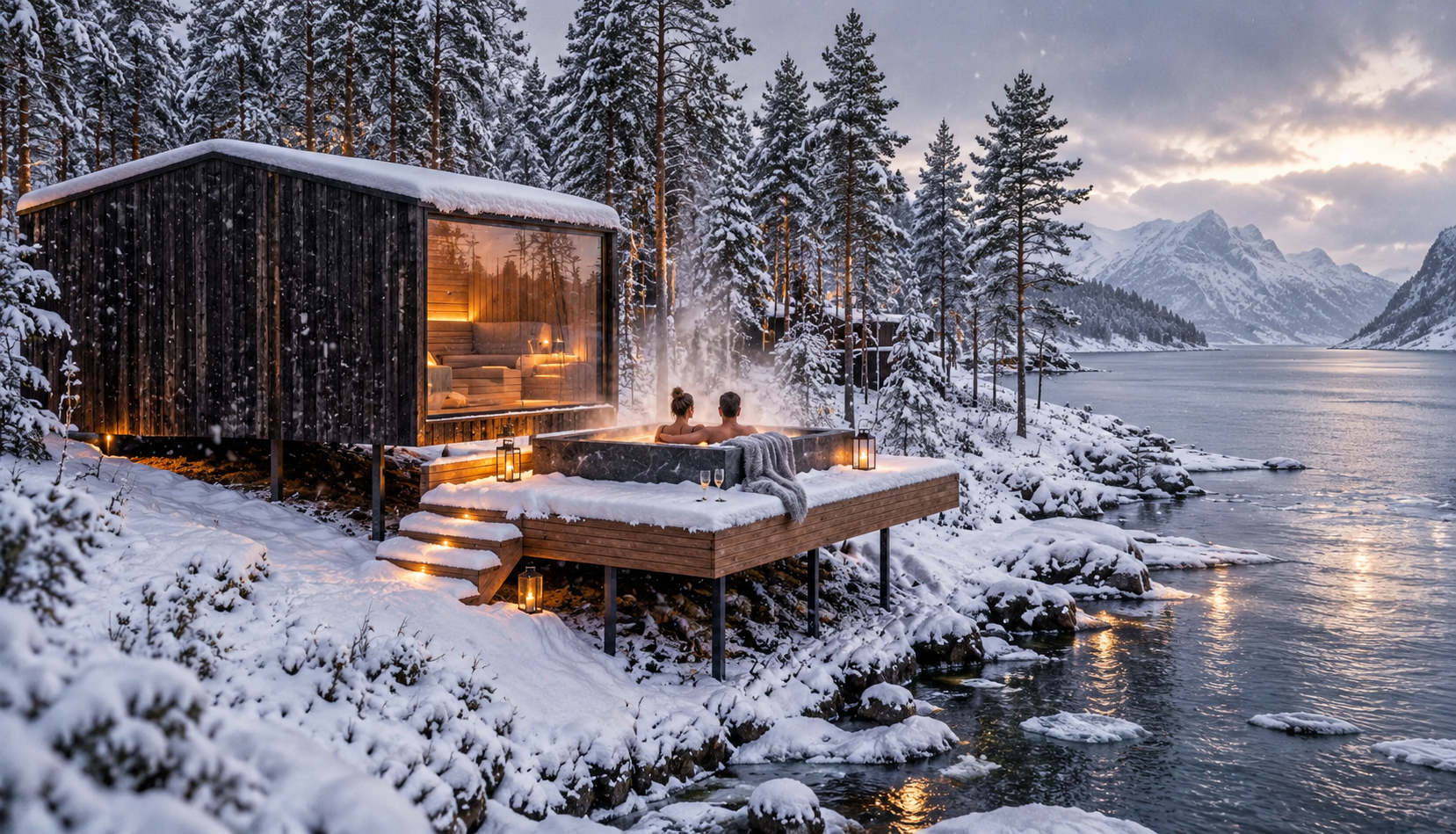 Pohjoismainen talvimaisema, jossa HARJA-mallin sauna ja jacuzzi